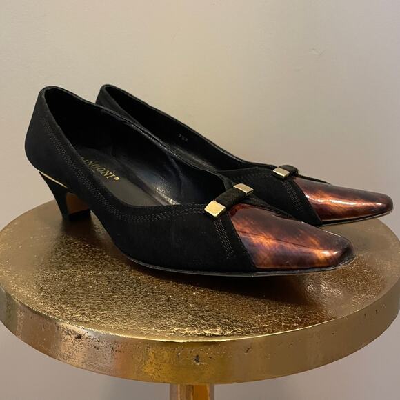 Lanconi Firenze 7.5B Kitten Heels | Black Suede, Tortoiseshell Toe, Rare Vintage - Picture 2 of 10